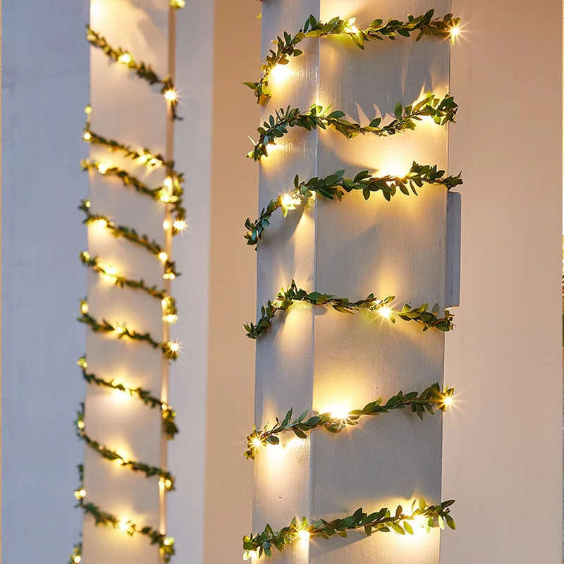 Outdoor with Light Fairy Lights with Leaves, Artificial Green Garland LED for New Year, Wedding, Party Solar Vine String Lights