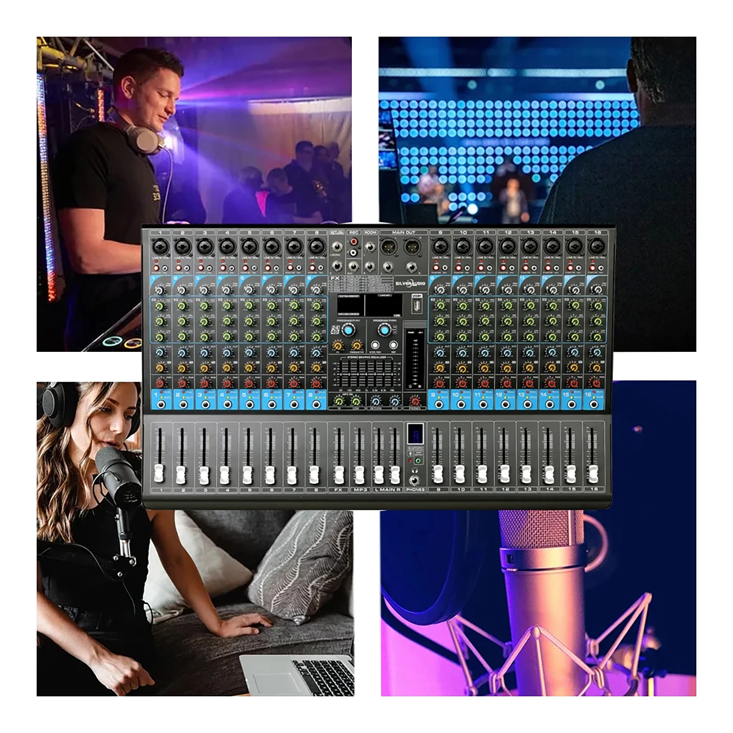 

GAX-GL16 Processor Mixing Console with 48V Phantom Power For DJ 16 Channel Mixer USB Stage Karaoke Conference Wedding Effects