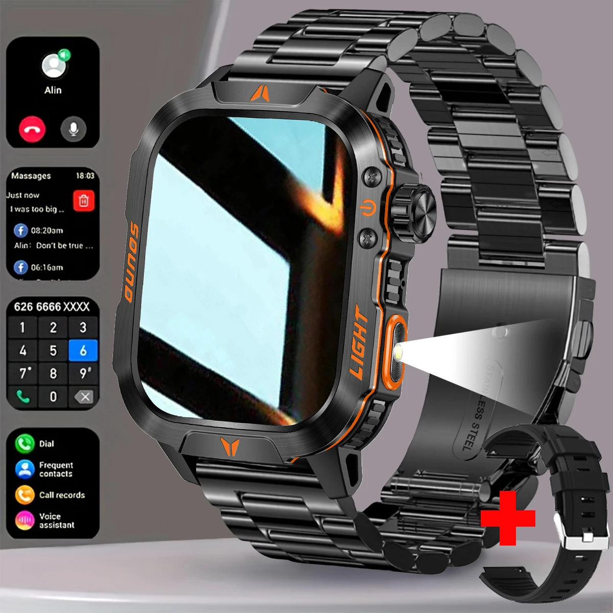 

2026 New Military Men Smart Watch LED Flashlight IP68 Waterproof wireless Call 100+Sports mode Outdoors Durable Smartwatchs