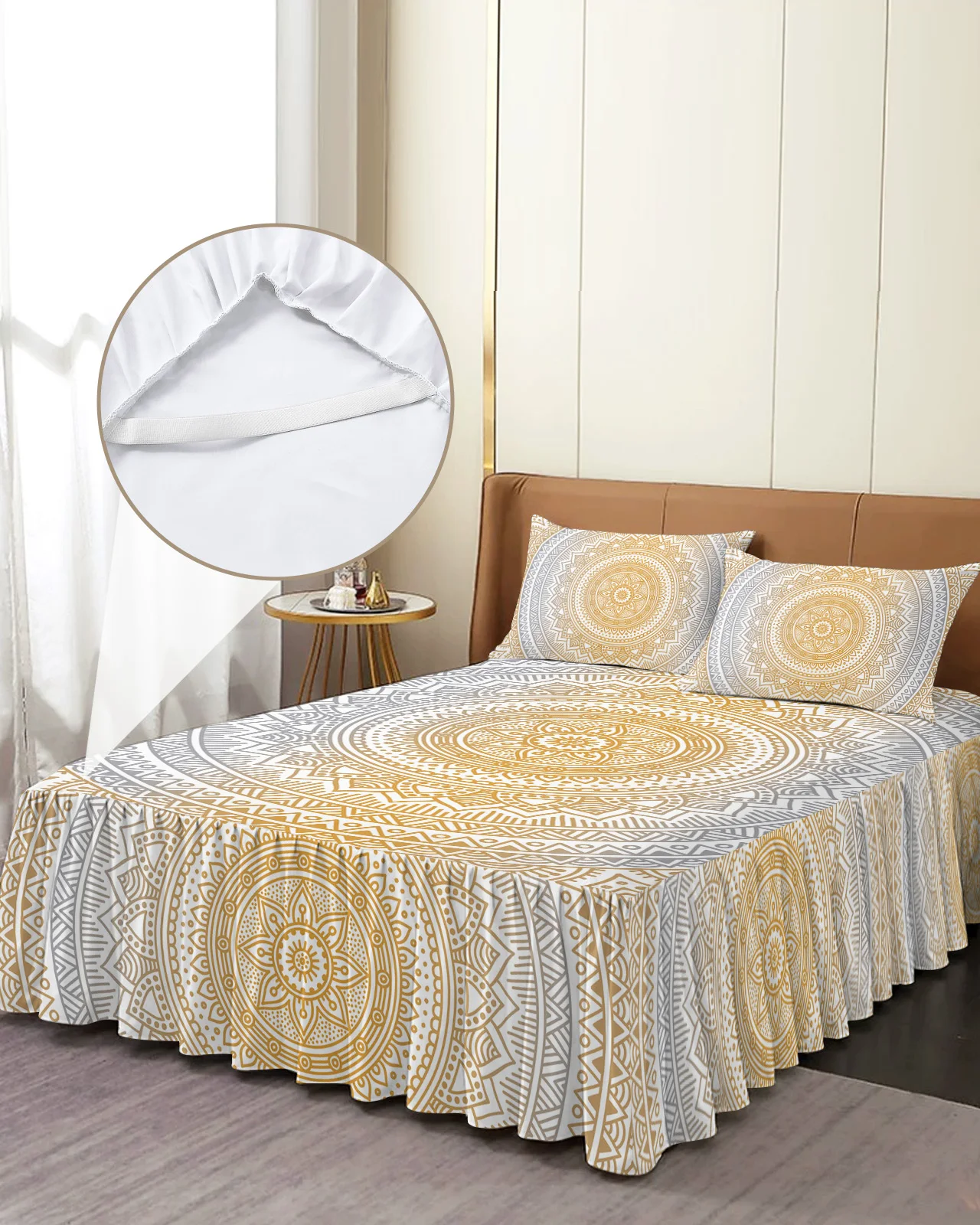 

Flower Mandala Gradient Art Skirt Elastic Fitted Bedspread With Pillowcases Mattress Cover Bedding Set Bed Sheet