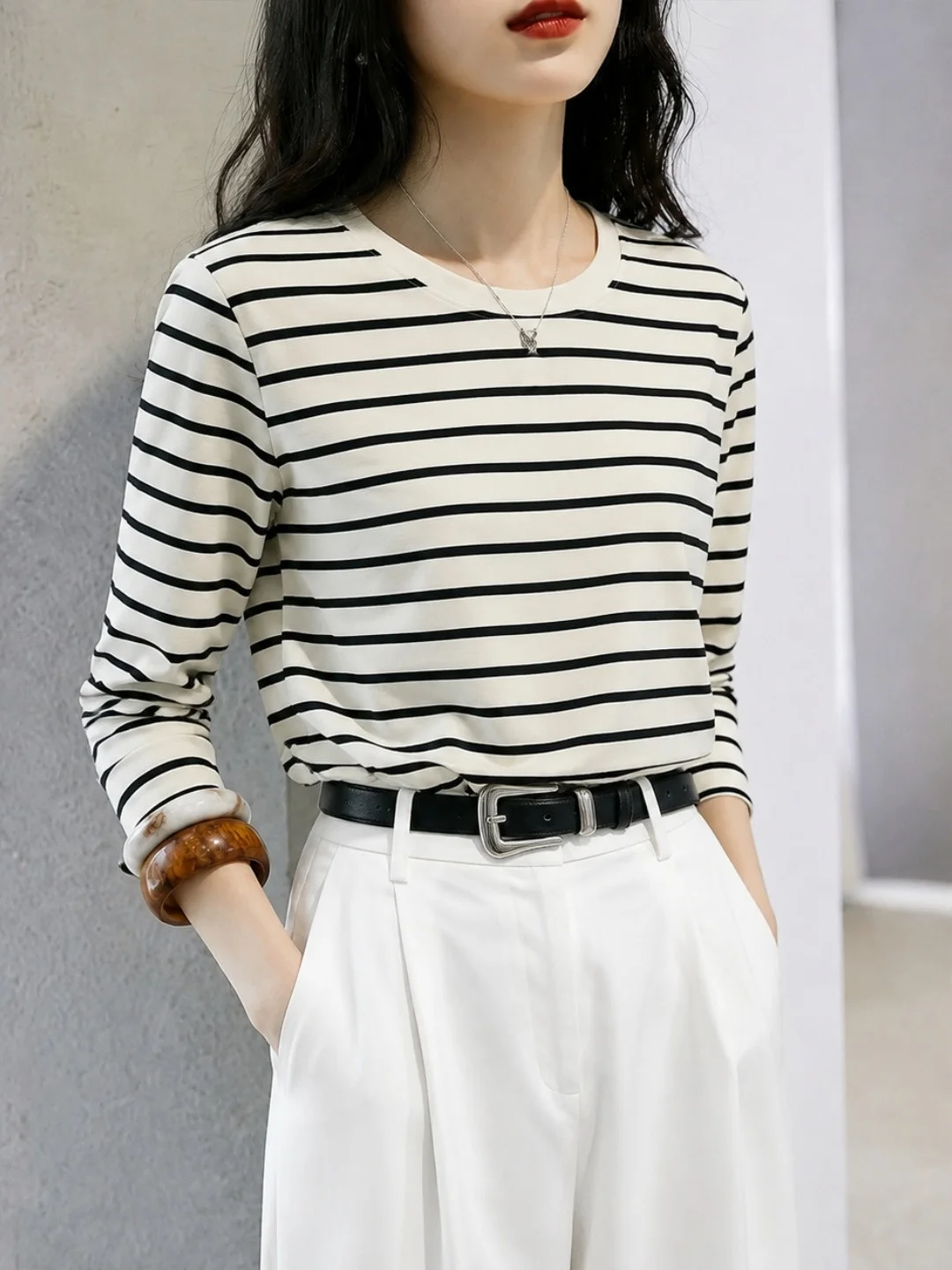 Korean Style Color Block Stripe Design Long Sleeve Slimming Versatile Women's T-Shirt Autumn New Arrival Anti-Aging Fashionable