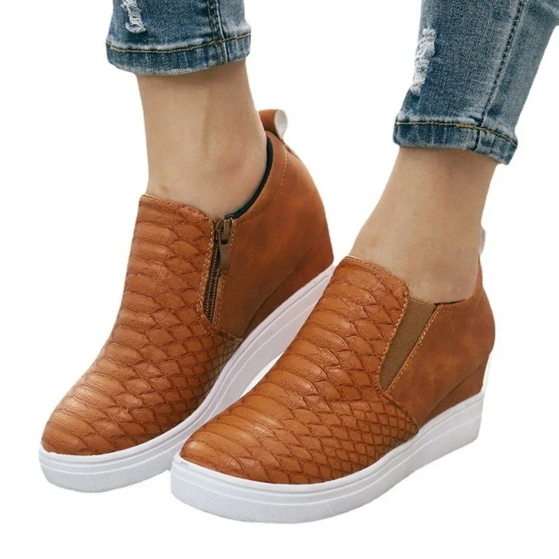 Women Wedge Loafers PU Leather Shoes Trend Height Increased Shoes Female New Fashion Comfort Slip-on Platform Vulcanized Shoe