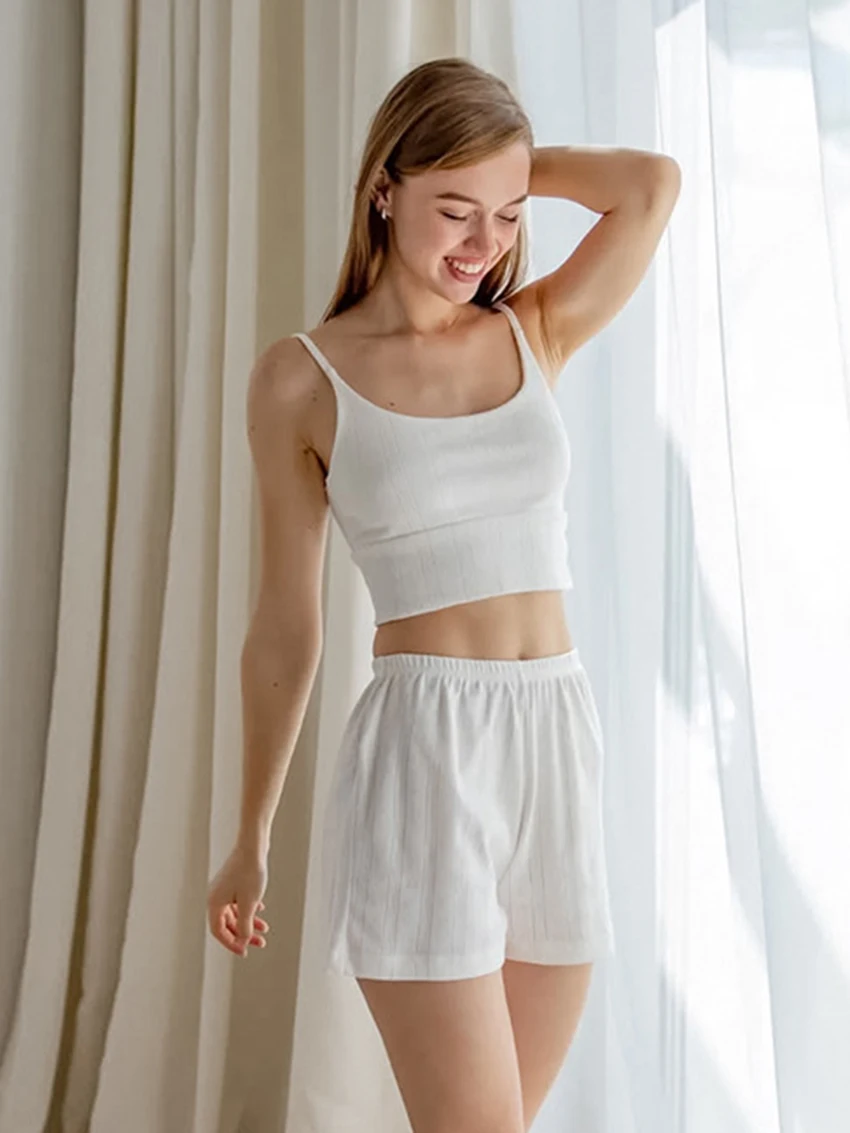 Marthaqiqi Casual Female Sleepwear Suit Spaghetti Strap Pajamas Crop Top Nightgowns Tank Top Nightwear Shorts Home Clothes Women