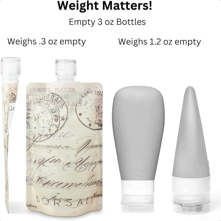 Garrafas de viagem BORSALI para produtos de higiene pessoal aprovadas pela TSA Recipientes de tamanho de viagem de 3 onças para líquidos Bolsas planas recarregáveis vazias