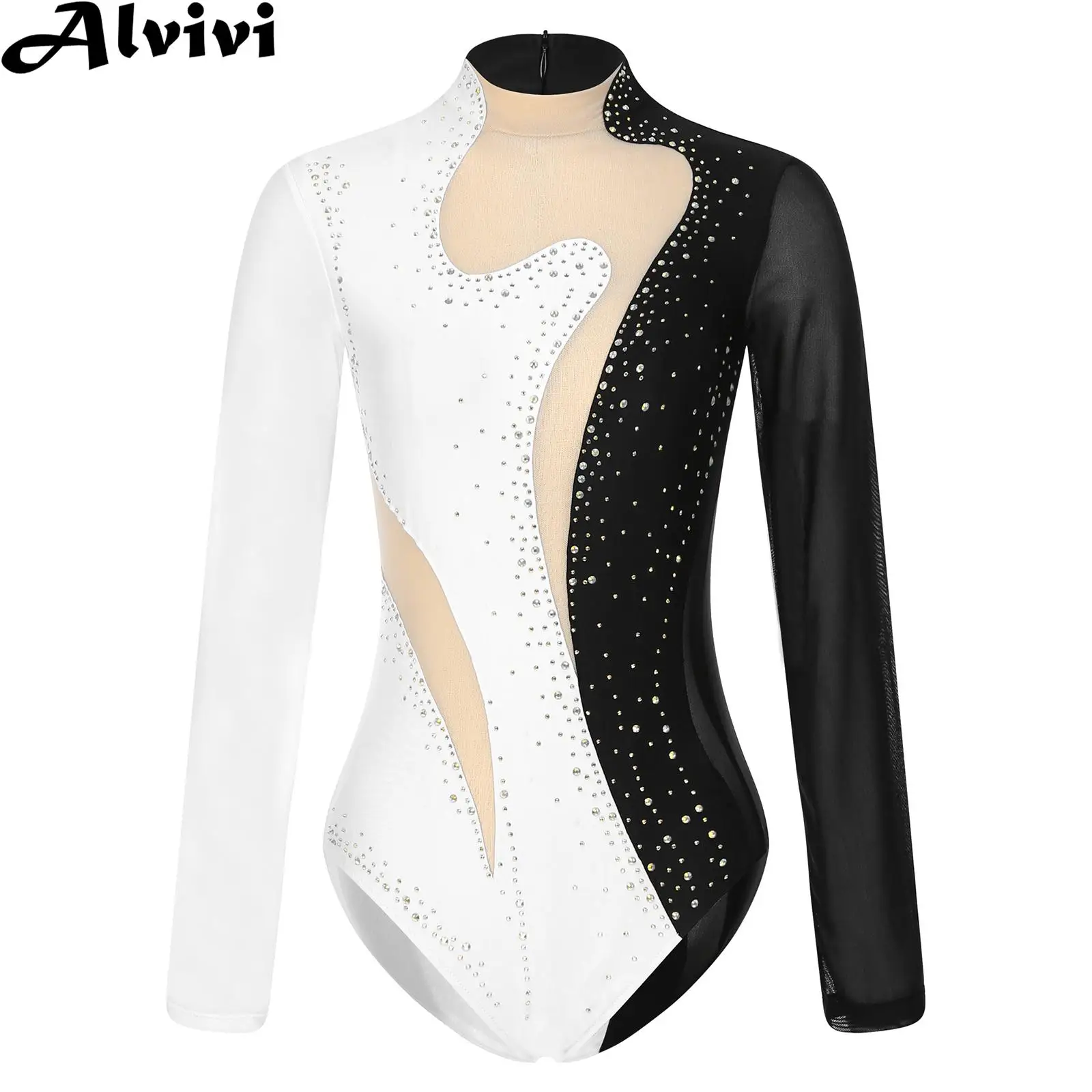 Women Figure Ice Skating Leotard Ballet Dance Gymnastics Performance Bodysuit Long Sleeve Shiny Rhinestone Sheer Mesh Dancewear