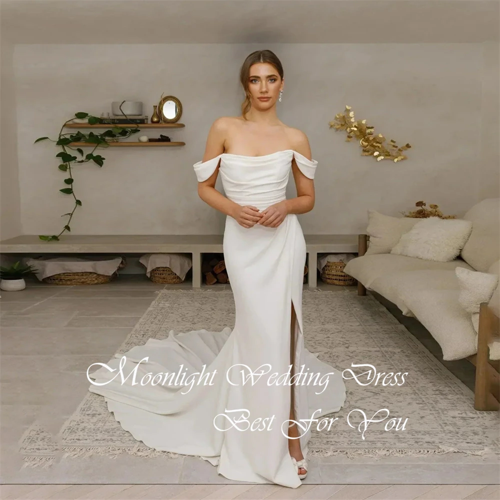 Simple Pleat Off The Shoulder Mermaid Wedding Dress Women 2026 High Side Slit Open Back Bridal Gown Vestidos De Novia Customized