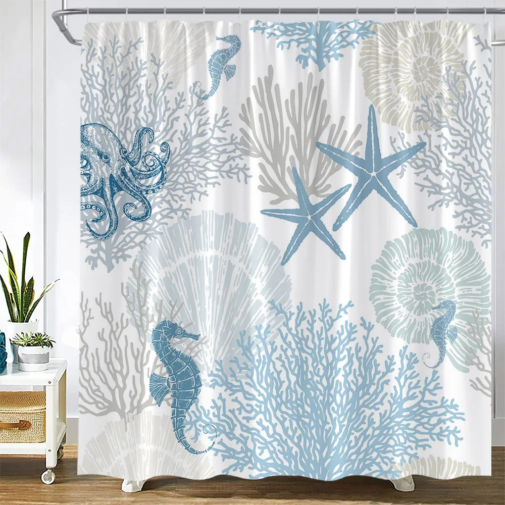 Ocean Animals Shower Curtain Sea Turtle Fish Starfish Seaweed Coral Underwater Scenery Waterproof Fabric Bathroom Decor Curtains