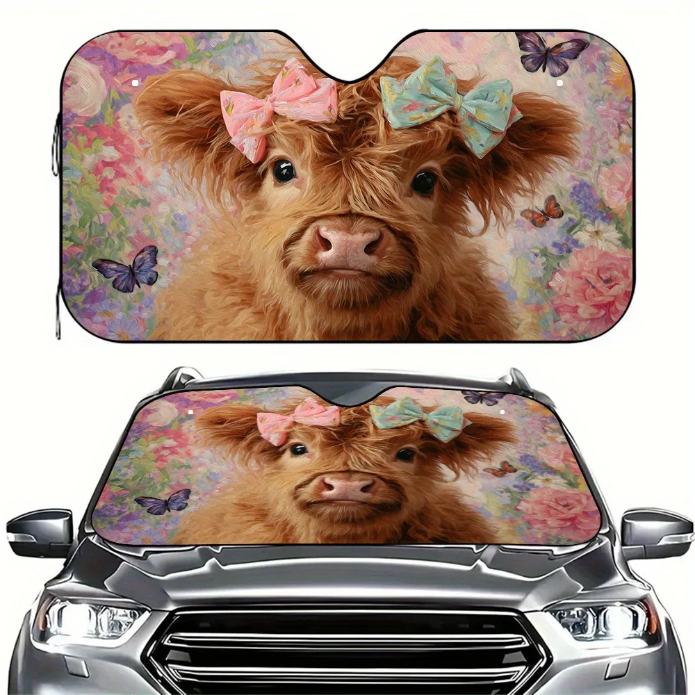 1pc Flower Field Puppies Windshield Sunshade With Cute Highland Cow & Floral Design - UV Protection & Heat Reflective Foldable C