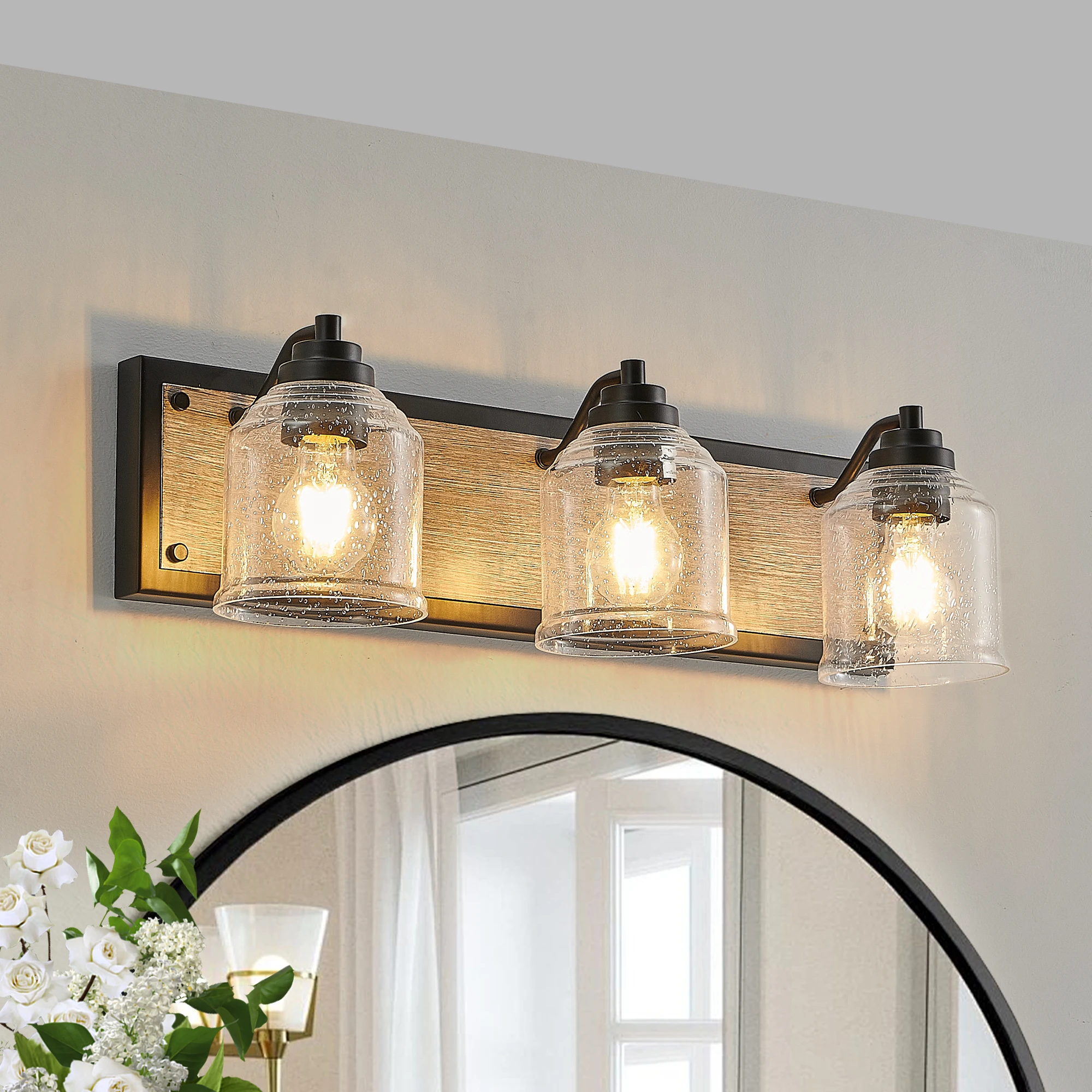 

Farmhouse Vanity Light Fixture, 3-Light Bathroom Wall Sconce withGlass Shades,Rustic Black Finish with Wood Backplate(No Bulbs)
