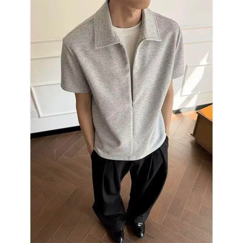 2026 Summer Men's New Style Invisible Zipper Short-Sleeved T-Shirt Collarless Short Sleeve