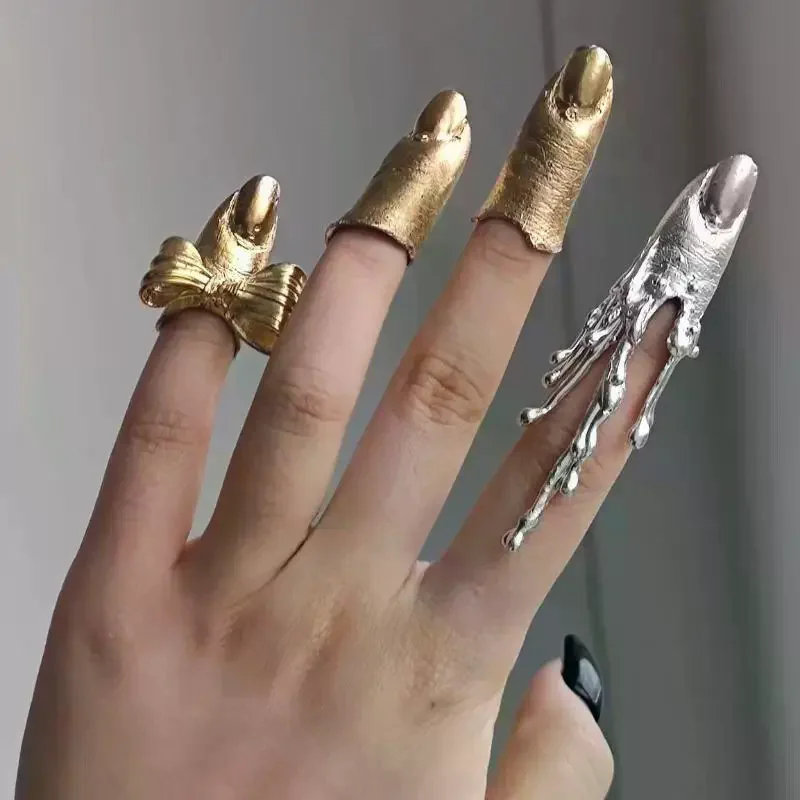 Personality Irregular Texture Lava Drop: Ring Vintage Alloy Nail Sleeve Niche Design Bowknot Armor Gift