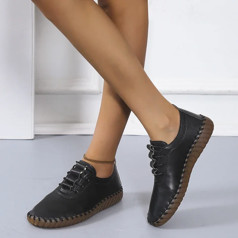 Newest Woman Flats Casual Sew Oxford Shoes Female Lace Up Leather Single Shoes Comfortable Moccasins Loafer Shoes Plus Size