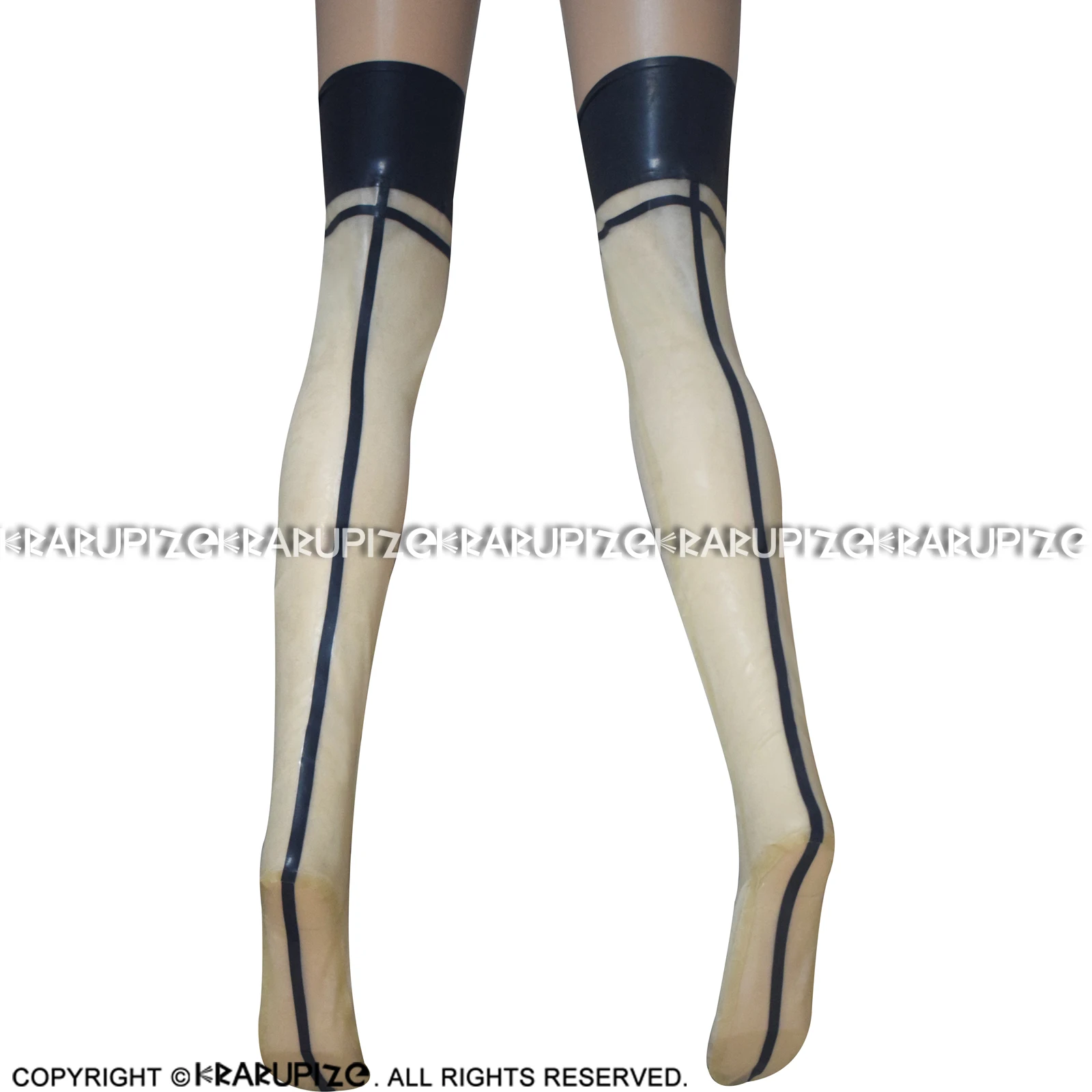 Transparent And Black Sexy Long Rubber Latex Thigh High Stockings With Stripes At Middle Back WZ-0049