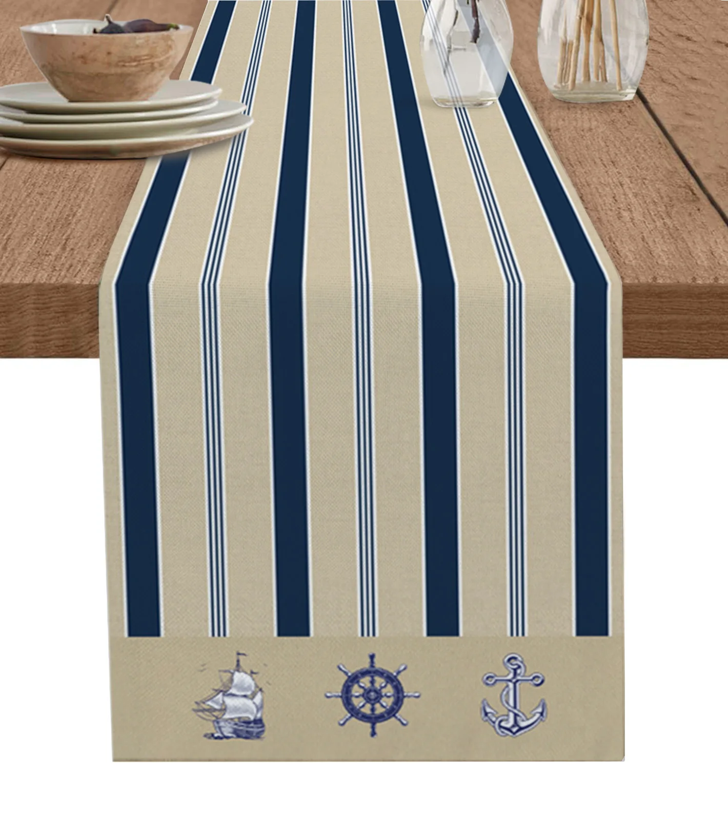 

Striped Ship Rudder Anchor Table Runner Cotton Linen Wedding Dinner Decor Table Flag Holiday Home Tea Table Decoration