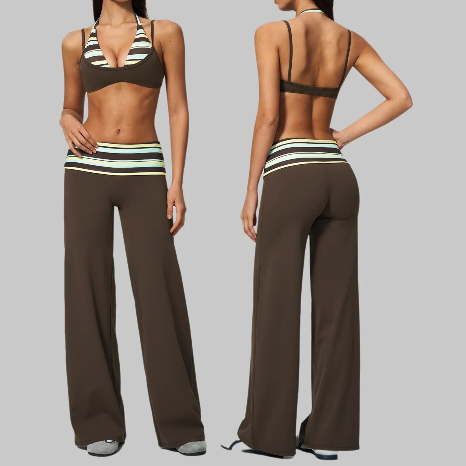 2026 New Women Fake Two Piece Yoga Outfit Square Neck Back Fold Over Waistband Tummy Control Seamless 2 Piece Gym Set