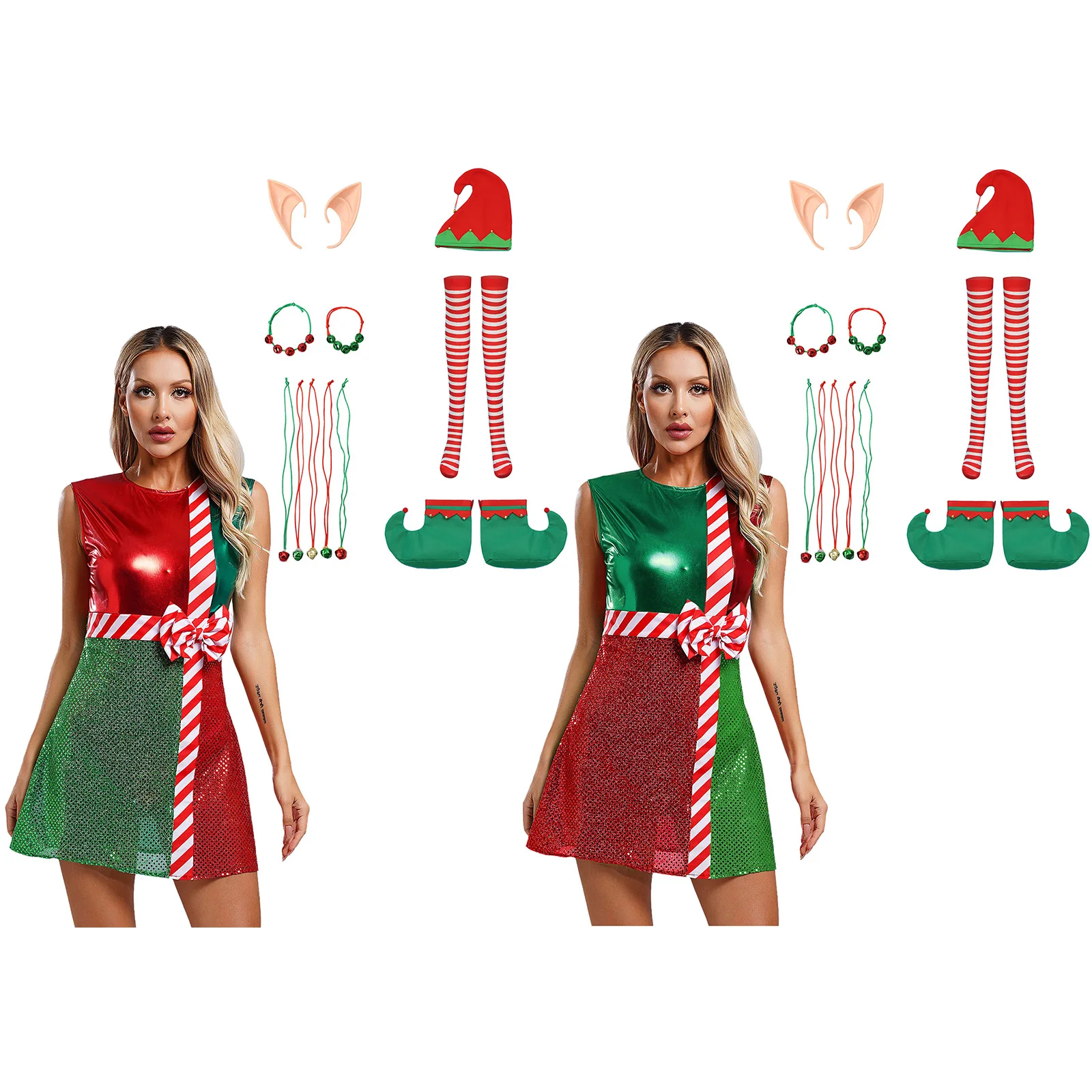 7Pcs Women Christmas Dress Set Costume Sleeveless Sequins Bowknot Dress with Hat Necklace Stockings Shoes Bracelet Elf Ears Set