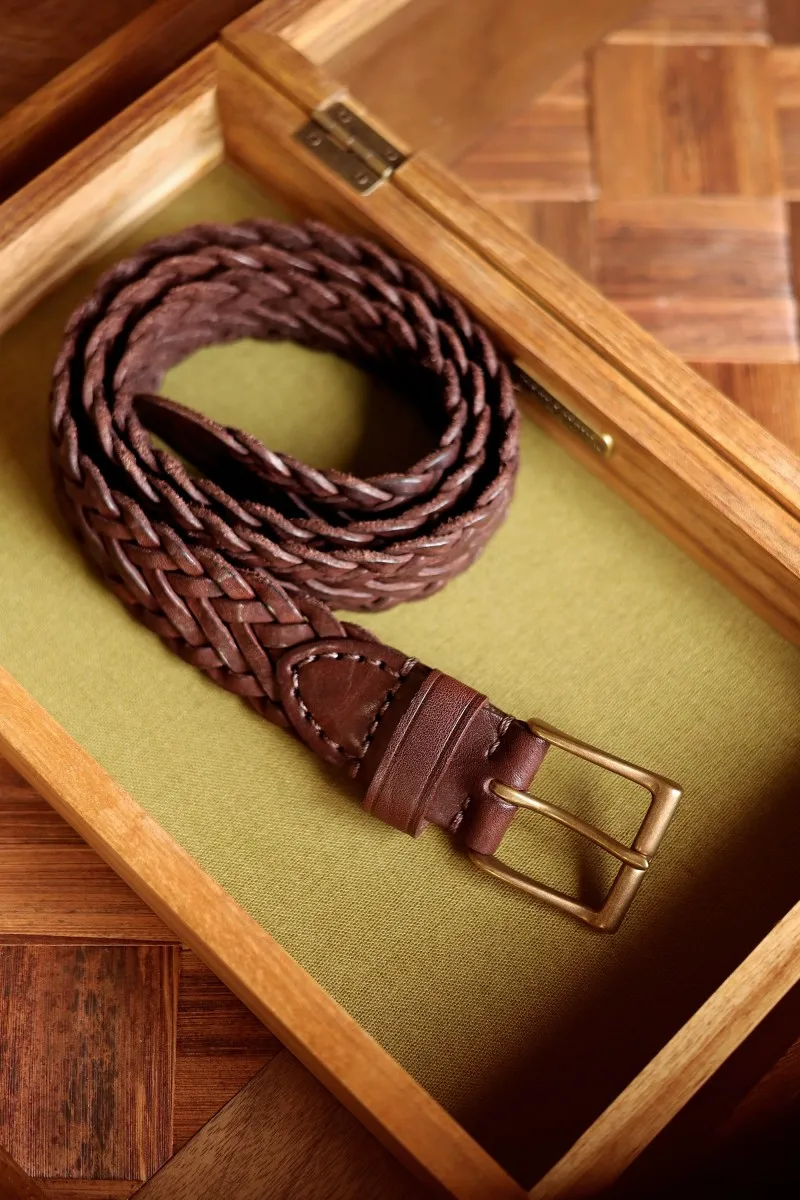 Hand Braided Vegetable Tanned Full Grain Italian Cowhide Belt Solid Brass Pin Buckle Vintage No‑hole Adjustable Jeans Waist Stra