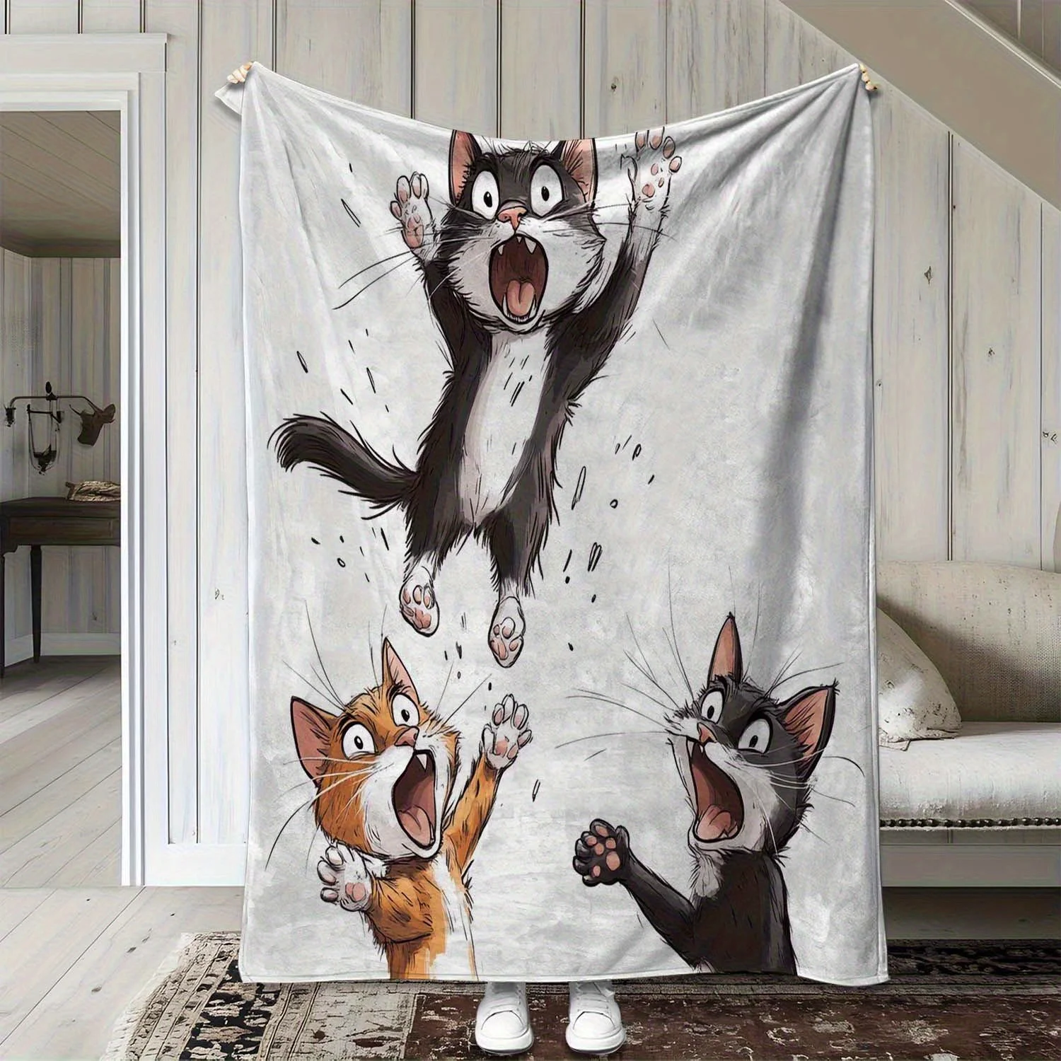 

Flannel Blanket - Panic Cat Print Soft Warm Cozy Durable Flannel, Machine Washable Contemporary Design for Sofa Bed Car