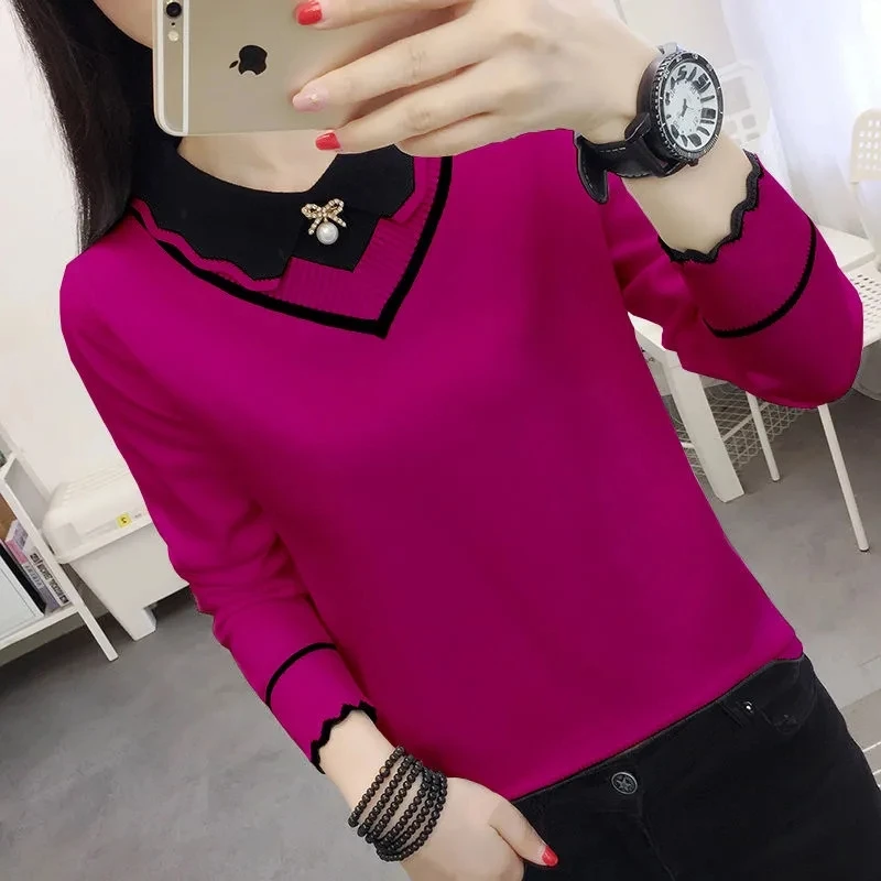 Maglione corto lavorato a maglia da donna maglione primavera autunno nuovo Versatile collo di bambola maniche lunghe camicia inferiore maglione