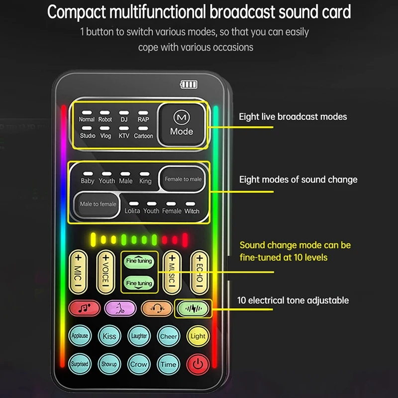 I9 Voice Changer Full Kit Multiple Audio Effect Bluetooth Live Sound Cards Ultra-Thin Portable Live Sound Card Mic Tool Durable