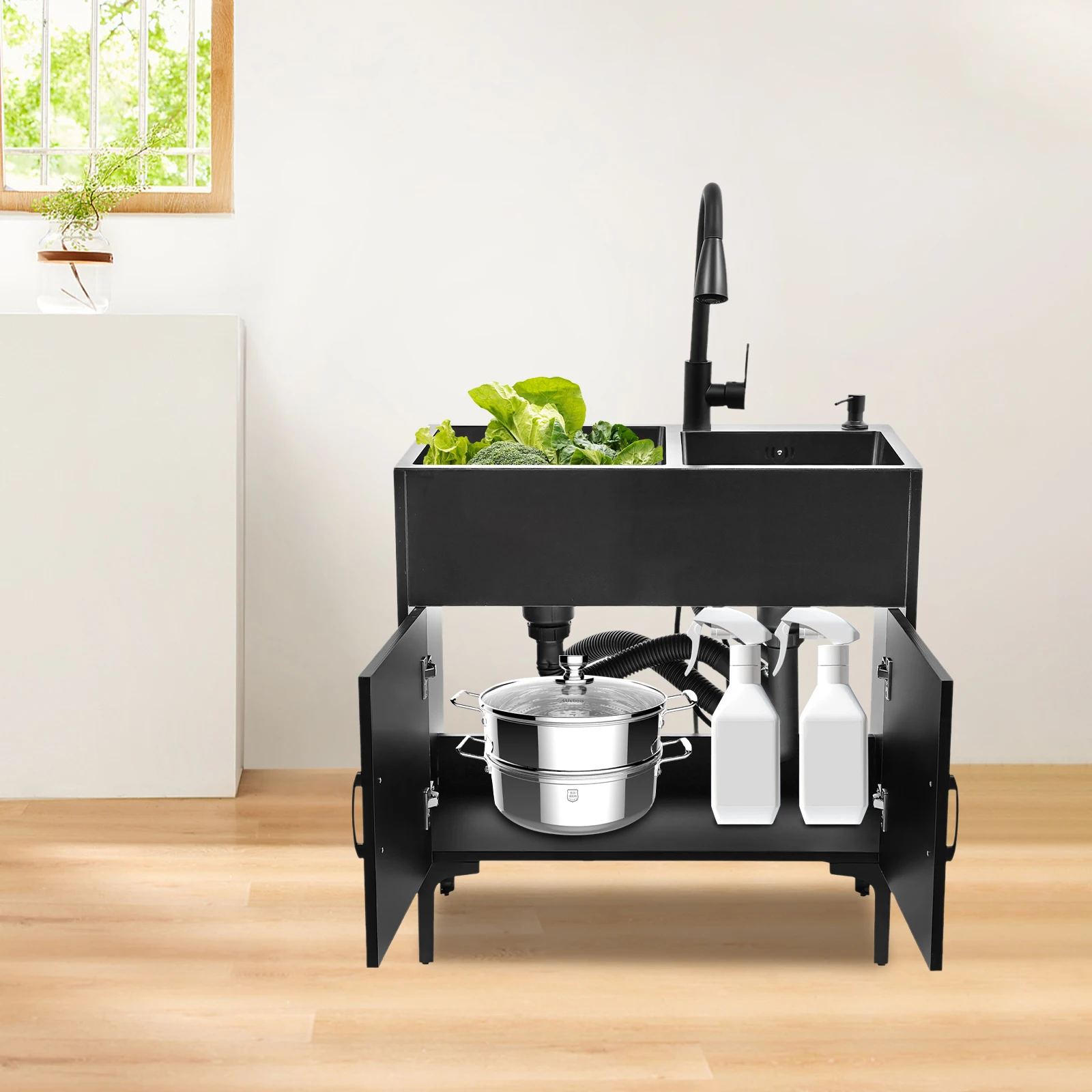 201 حوض غسيل من الفولاذ المقاوم للصدأ حوض غسيل مع حوض صنبور قابل للسحب مع خزانة للمطابخ والمطاعم ومحلات الحلوى #2