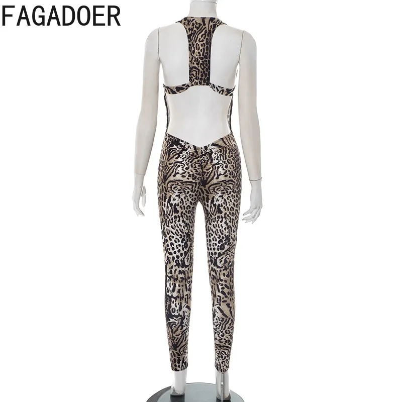 FAGADOER Fashion Leopard Print Bodycon Jumpsuits Woman Hanging Neck Sleeveless Backless Rompers Female Streetwear Overalls New