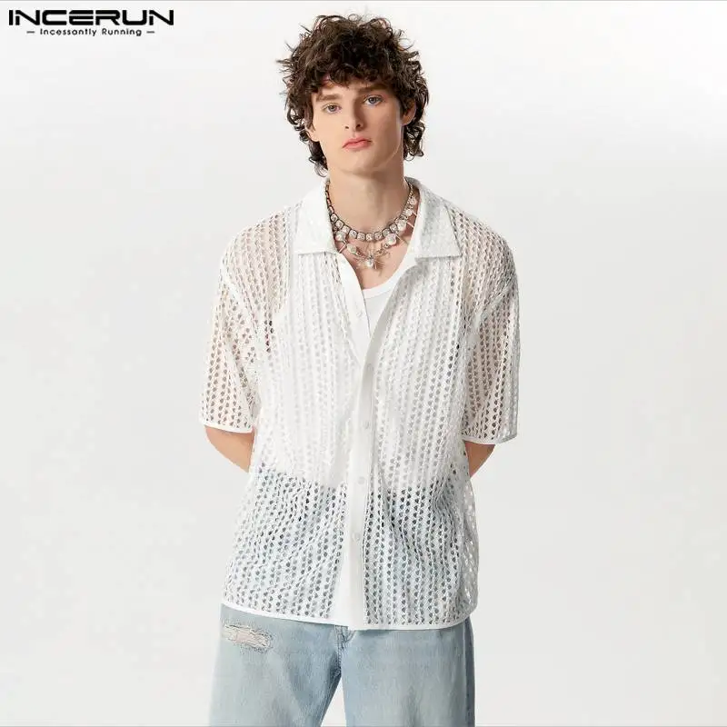 Incerun Tops 2024 Amerikaanse Stijl Nieuwe Mannen Holle Sexy Perspectief Dunne Shirts Casual Streetwear Eenvoudige Korte Mouwen Blouse S-5XL