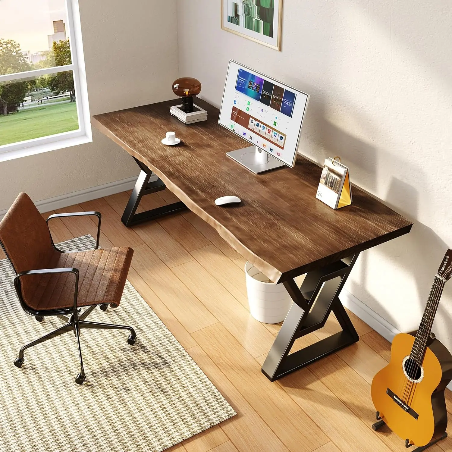 Mesa de computador de madeira maciça bancada de jogos para home office, design moderno e simples, ideal para estudo, marrom rústico, 55"