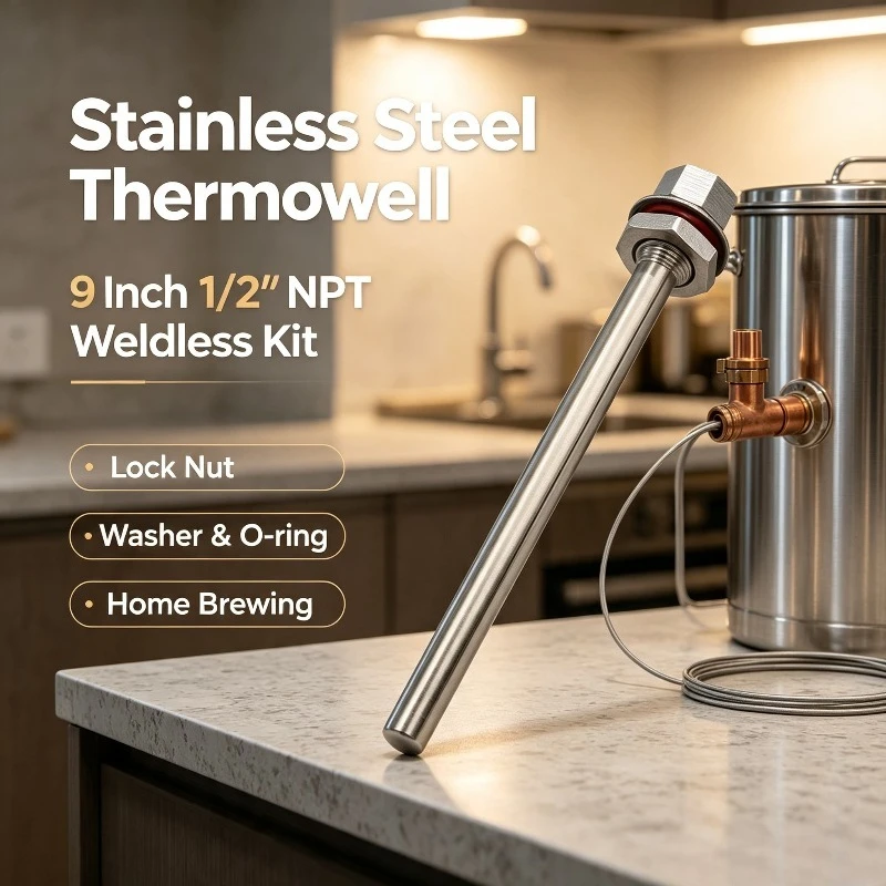 9 Inch Stainless Steel Thermowell Kit, 1/2'' NPT Weldless Fitting with Lock Nut, Washer and O-ring for Temperature Measurement