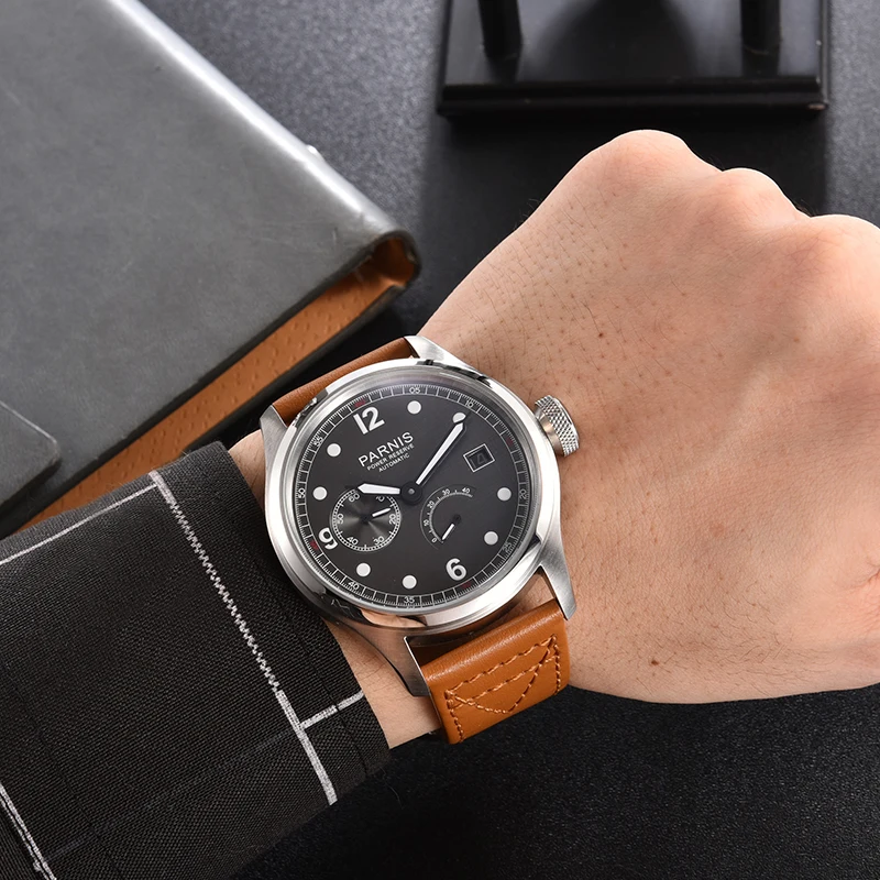 Fashion Parnis 46.5mm Gray Dial Automatic Men Watch Leather Strap Calendar Mechanical Men\'s Watches Luxury 2024 Man Gift Clock