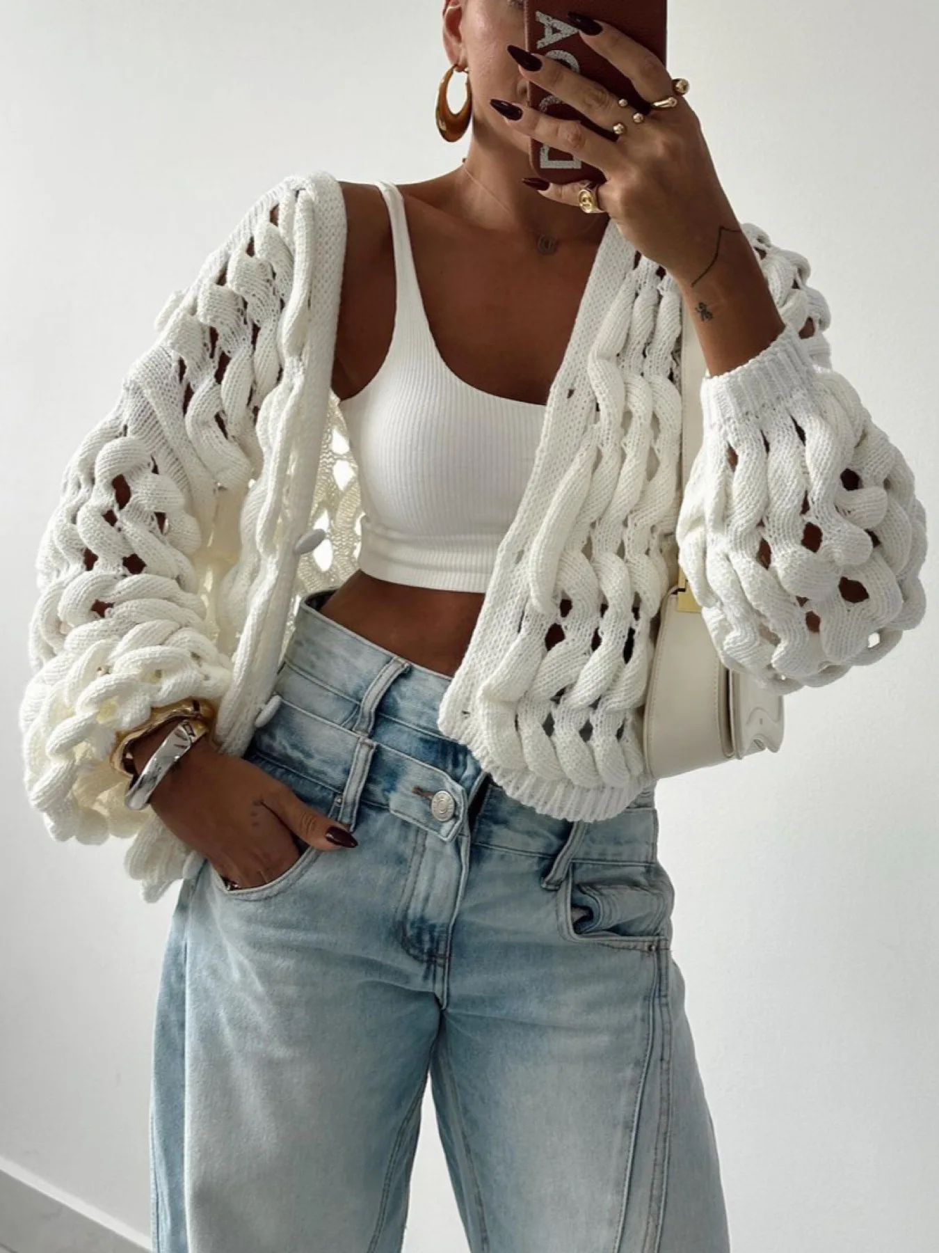 

White Chunky Knit Cardigan Women Hollow Out Cropped Buttoned Open Front Sweater Casual Streetwear Y2K Summer Top