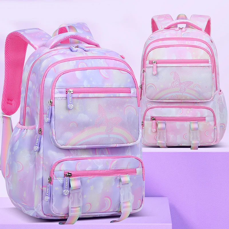 

Children School Bookbag Waterproof Durable Cute Backpack Rainbow Butterfly Multi Compartment Primary Kid Backpack for Girls