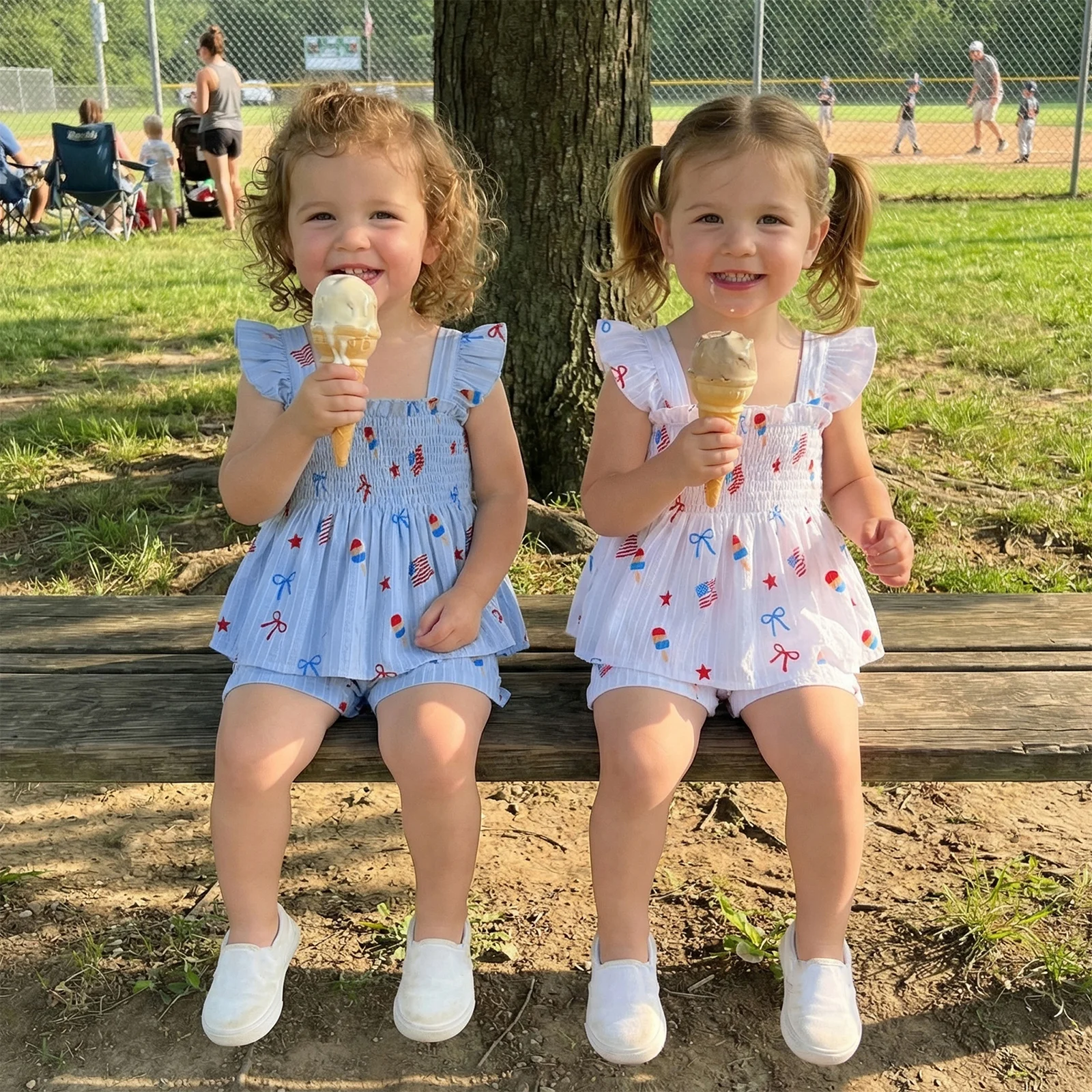 Little Girls 4th of July Stripe Outfits Adorable Bow American Flag Print Flying Sleeve Square Neck Tops and Shorts Set