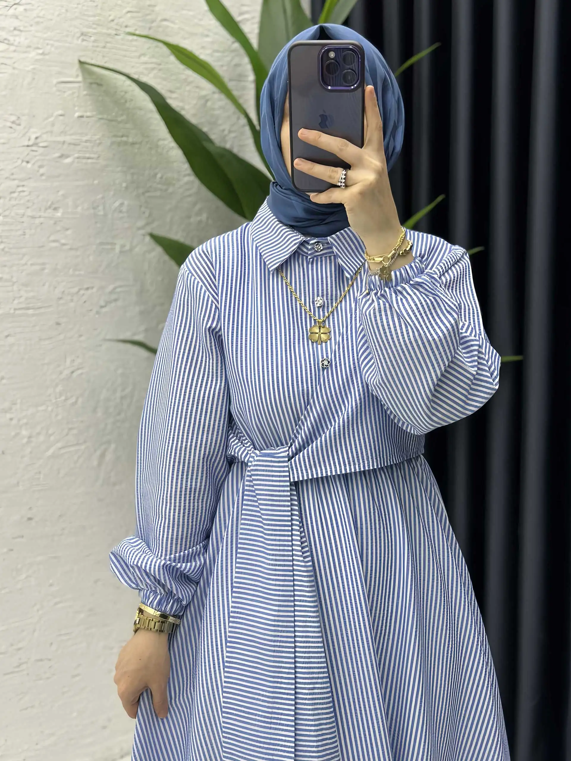 2025 Striped Modest Dress Blue White Color Belted Waist & Shirt Neckline Ideal for Riyadh Weekday Commutes & Coffee Meetups