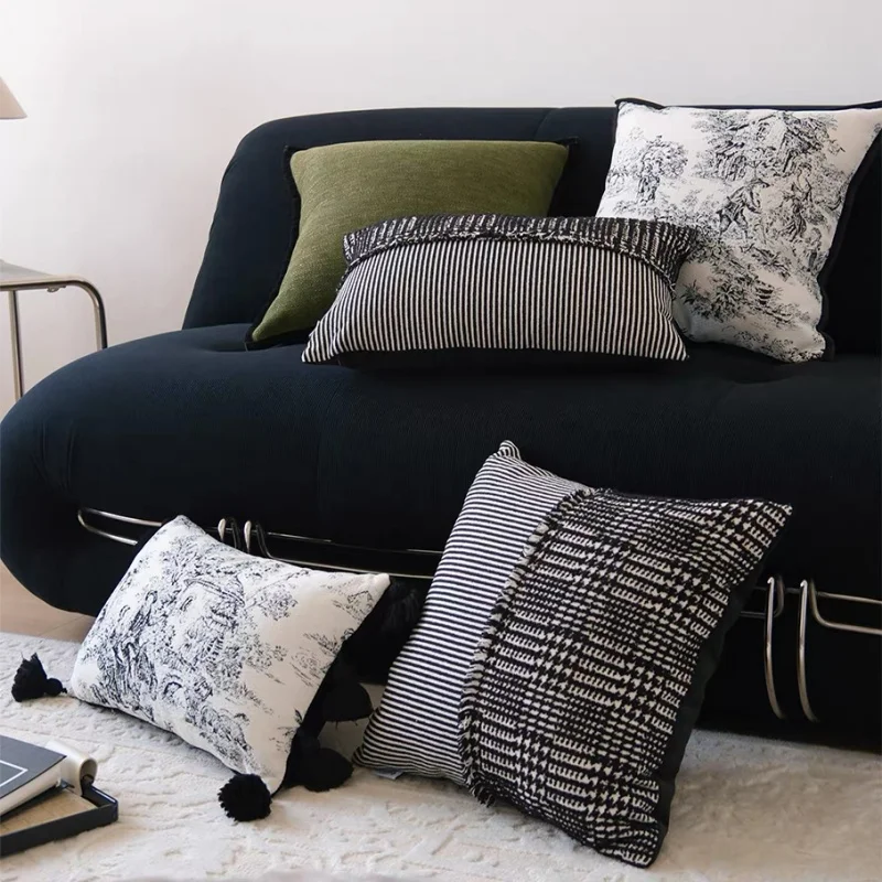 White Black Pillows Retro City Cushion Case Luxury Tassel Decorative Pillow Cover For Sofa Chair Modern Home Decorations