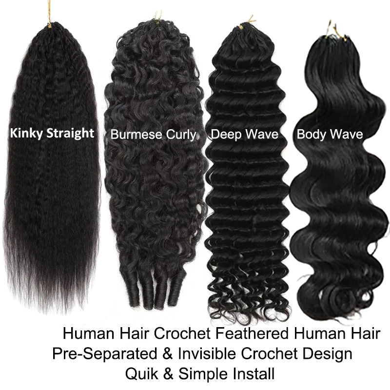 Extensions de cheveux humains au crochet Miracle Knots pour tresses bouclées birmanes style bohème, cheveux naturels non traités, effet plume, 300g