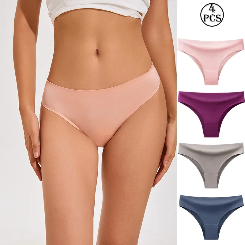 4Pcs Women's Panties Ice Silk Underwear Low Waist Briefs Girls Seamless Solid Color Underpant Female Sexy sports Thong T Back