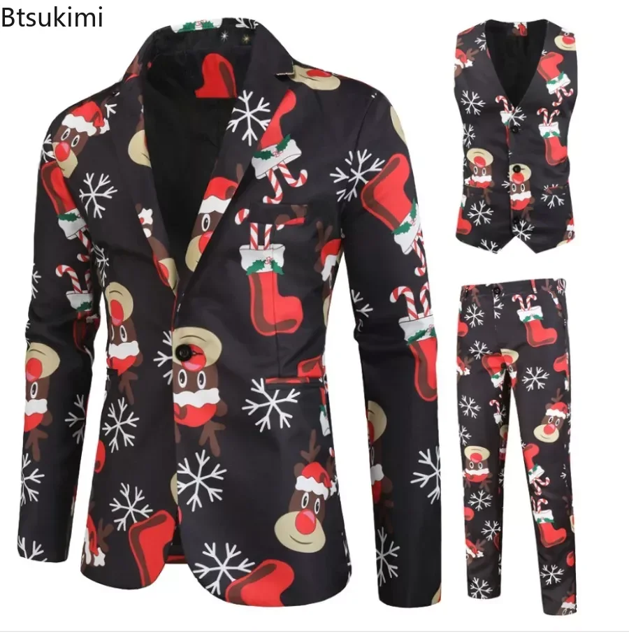 New Men\'s Casual Three Piece Sets 2024 Christmas Printing Blazers Jackets+Vest+Pants Party Banquet Wear Men\'s Flower Suits Sets