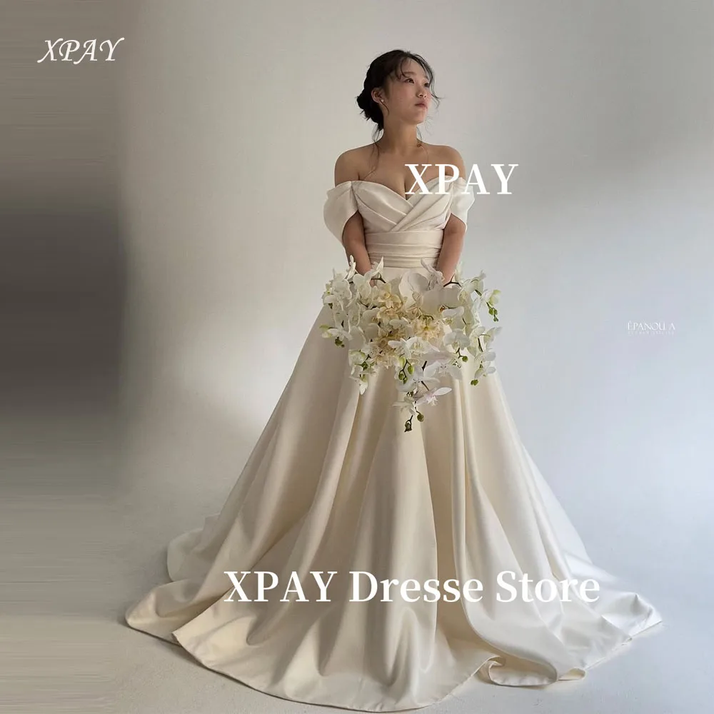 

XPAY Elegant Off Shoulder Soft Satin Wedding Dresses Korea Photo shoot Sweetheart Bridal Gowns Customized Corset Mariage