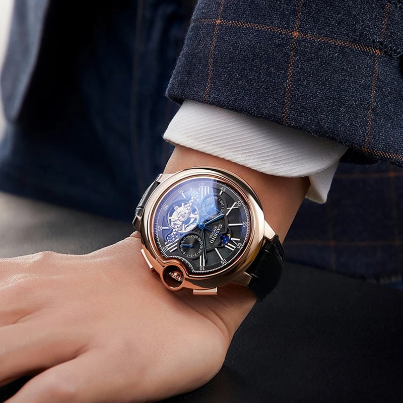 นาฬิกาผู้ชายหรูหรา Moon Phase นาฬิกากลไกอัตโนมัตินาฬิกาสัปดาห์วันที่ Tourbillon นาฬิกาสายหนังกันน้ํานาฬิกาทหารผู้ชาย