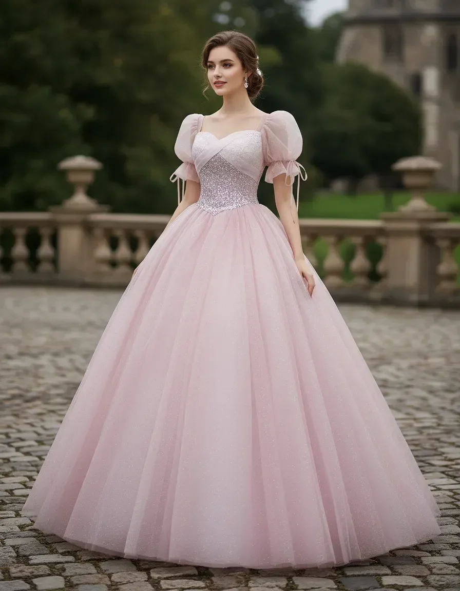 

Sweet Pink Square Neck Puff Sleeve Sequin Ball Gown Quinceanera Princess Evening Dress