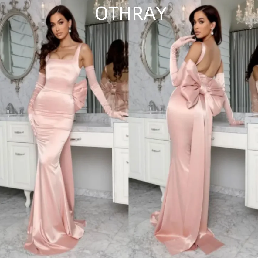 Blush Pink Mermaid Evening Dresses Women Elegant Satin Back Bow Prom Gown Second Reception Birthday Pageant Dress No Gloves 2024