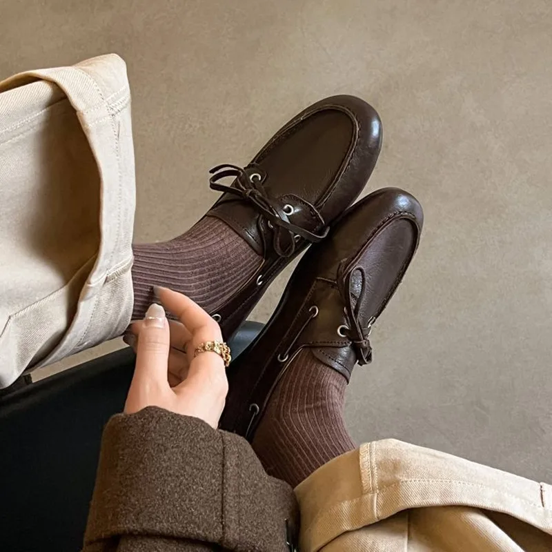 

New Leather Flats Shoes Women's Loafers Round toe Vintage Suede Leather Ladies Casual British Style Flat Single Shoes