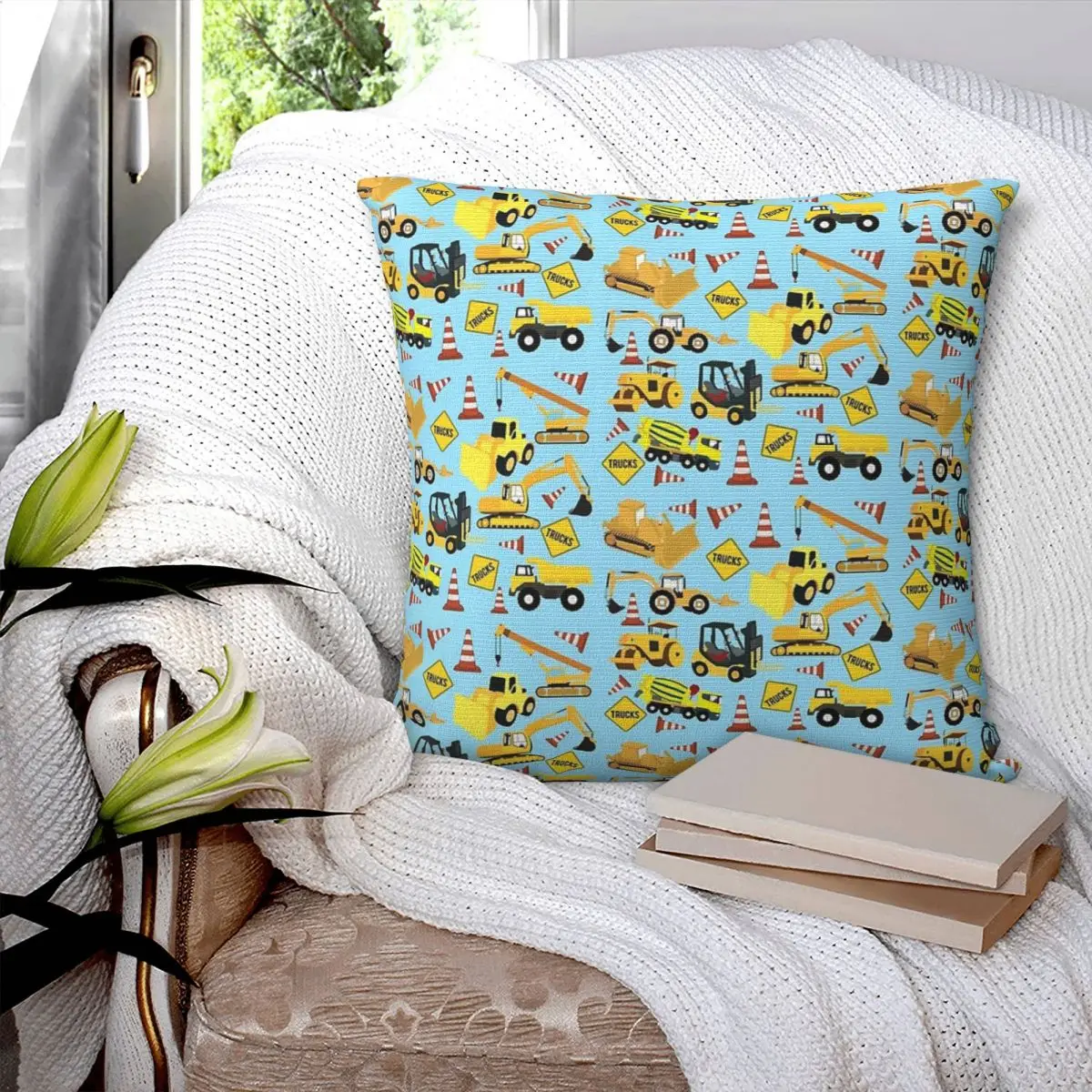 Construction Trucks Vehicles Pattern Excavator, Dump Truck Square Pillowcase Pillow Cover Comfort Throw Pillow For Home Sofa