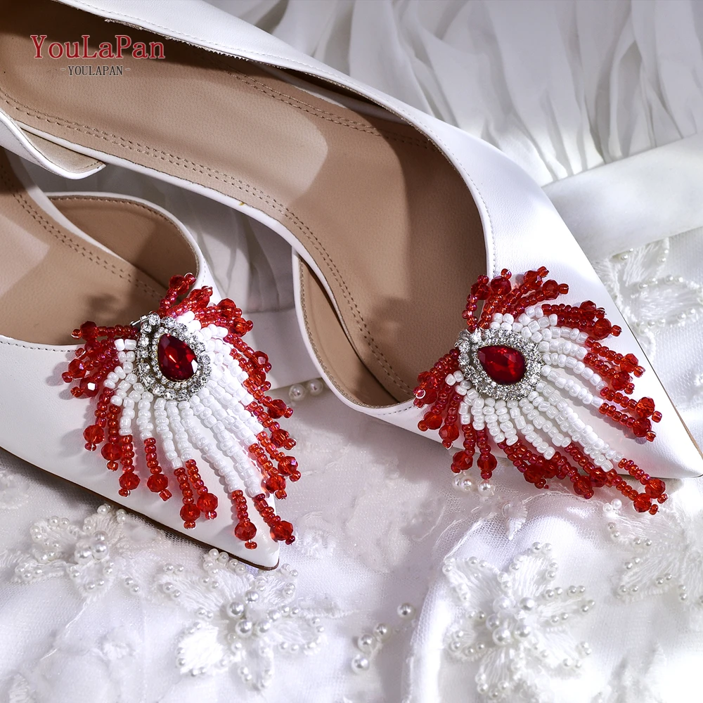 YouLaPan Red Color Beading Shoe Buckle Wedding Bride Rhinestone Shoe Flower Handmade Fashion Shoe Clip High Heels Accessory HX72