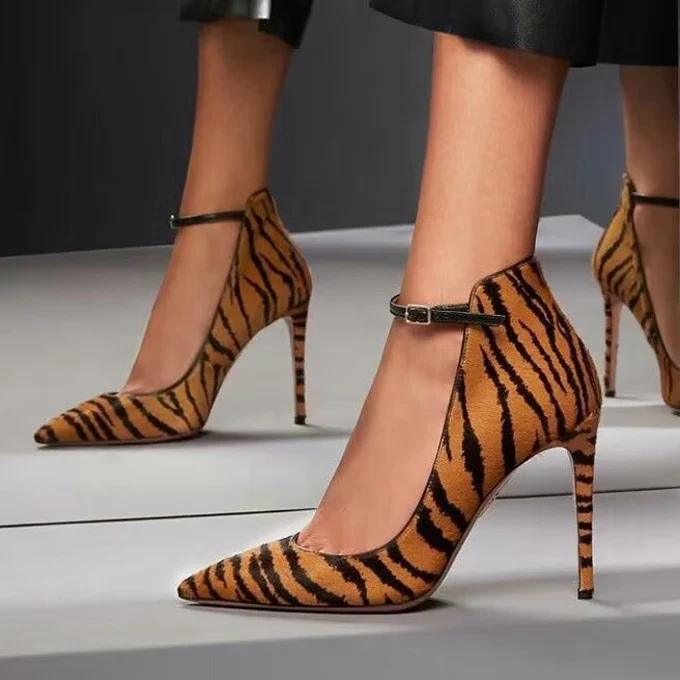 Brown Zebra Stripe Leopard Pointed Toe Pumps One Strap Ankle Buckle Woman Sexy Stiletto Hig Heels Banquet Dress Shoes