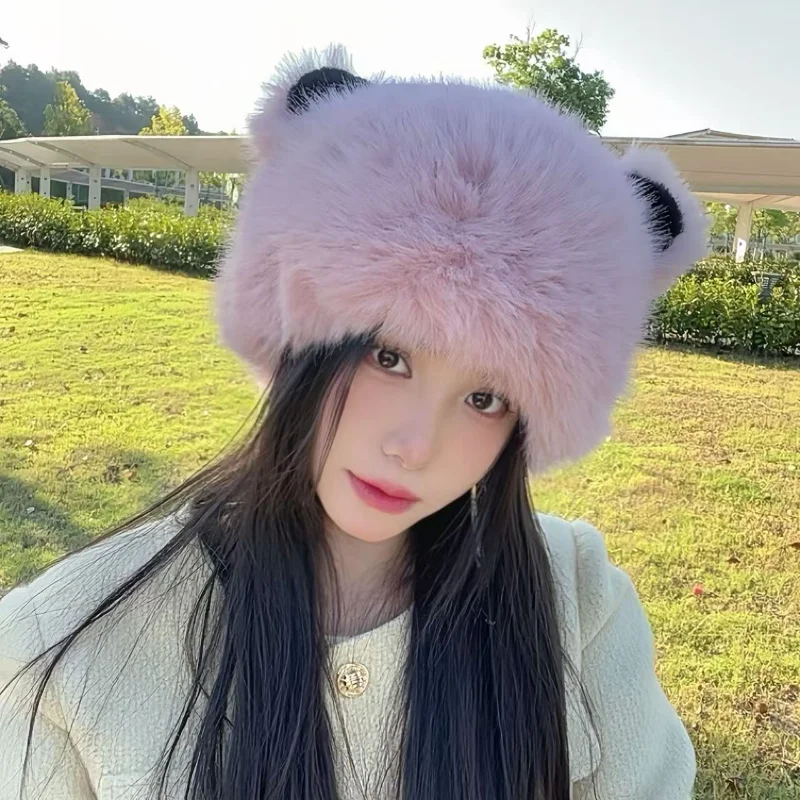 

Женская модная меховая шапка с медвежьими ушками, меховая шапка без полей, плюшевая пушистая шапка для катания на лыжах, теплые шапки, осенние и зимние меховые шапки, монгольская шапка