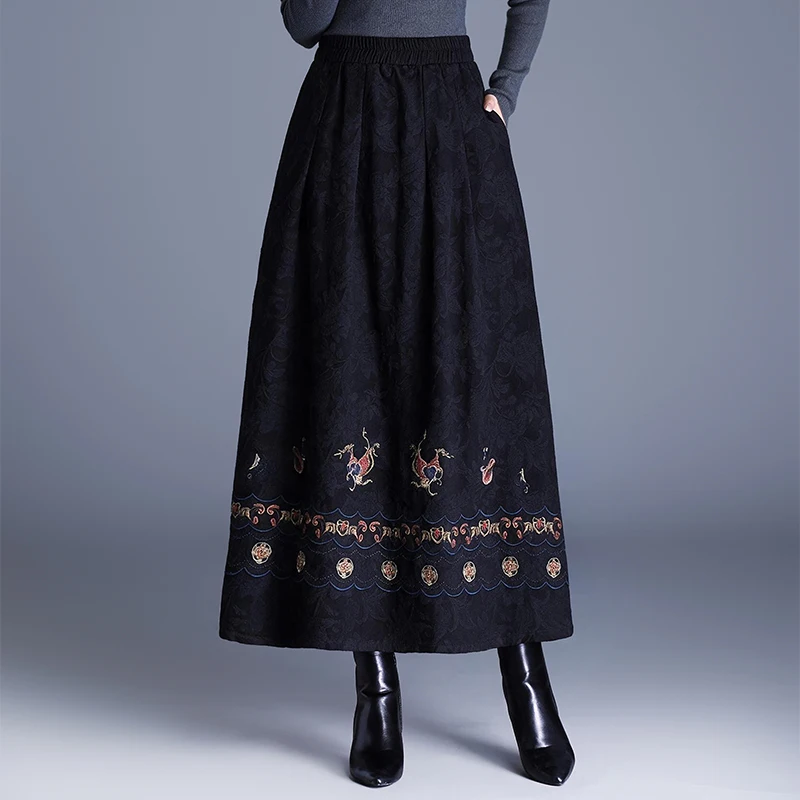 Elegant Embroidered A-Line Skirt Women's High Waist Flared Skirt Polyester Fabric Chinese National Style Autumn Winter New Ar...