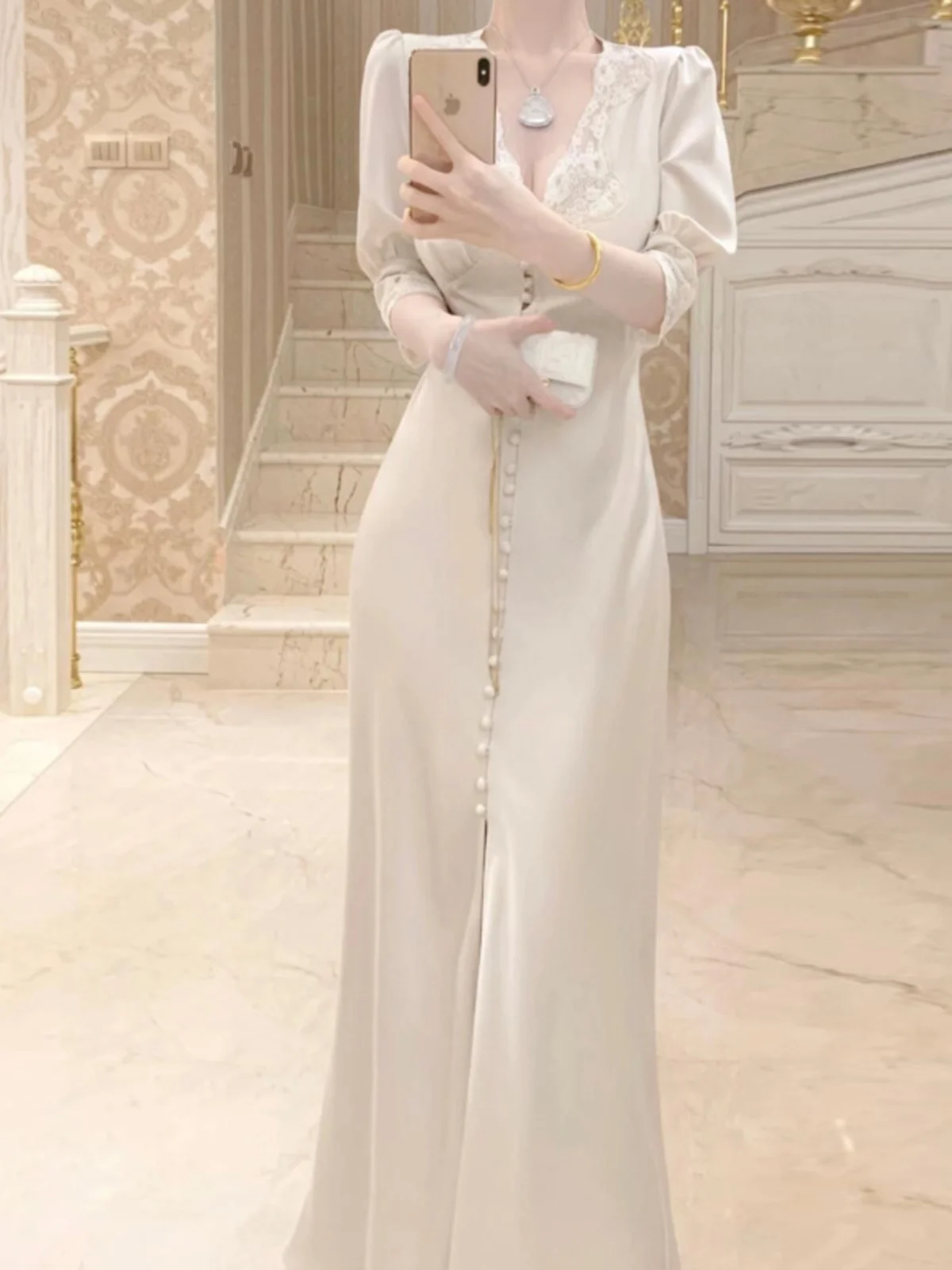 

Elegant Lace Slit Long Dress Waist-Cinching Silk Satin Sexy Pure Desire Ladylike High-End City Commute Date Street Style