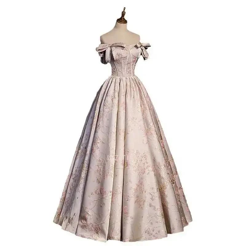 Rosa Retro Gedruckt Floral Abend Party Kleid Perle Schleife Off Schulter Geburtstag Formale Kleid Luxus Satin Braut Engagement Vestido